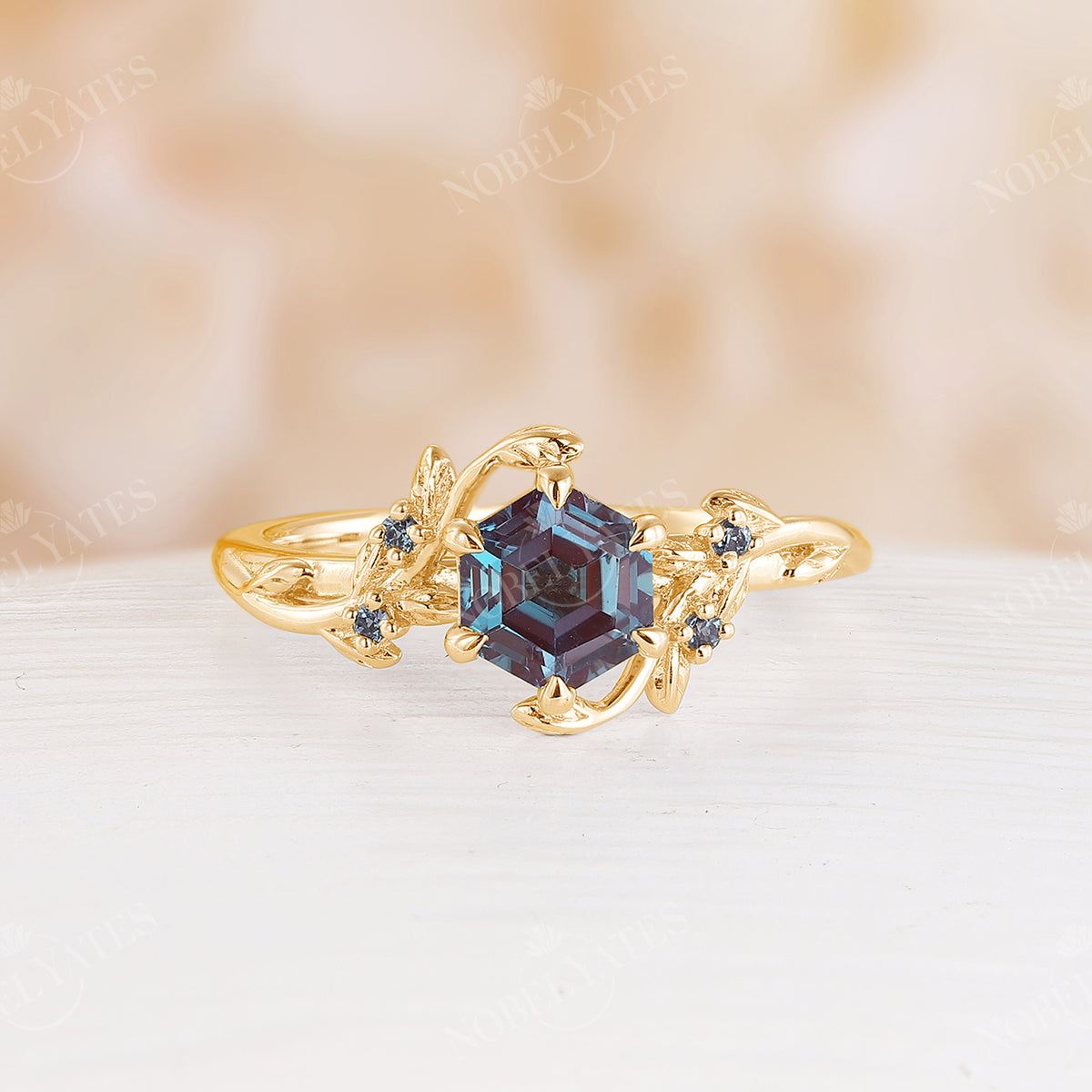 Nature Leaf Style Hexagon Lab Alexandrite Engagement Ring