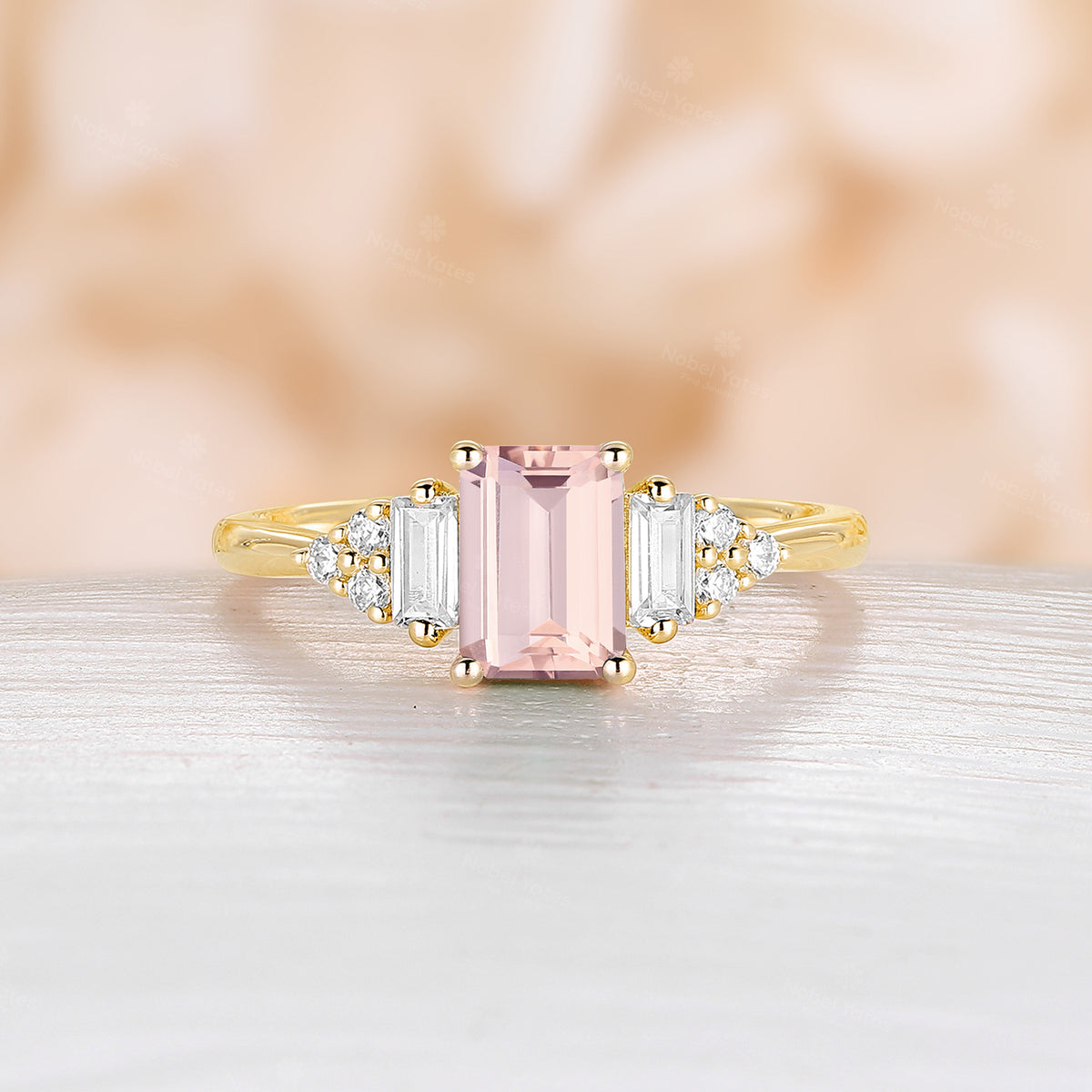 Emerald cut Pink Morganite Cluster Diamond Engagement Ring