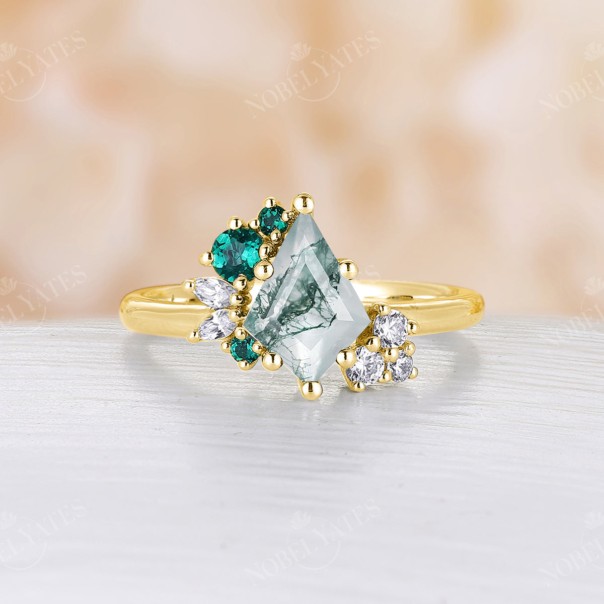 Moss Agate & Lab Emerald Cluster Engagement Ring Yellow Gold