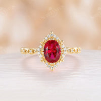 Vintage Halo Oval Ruby Engagement Ring Milgrain Band Rose Gold