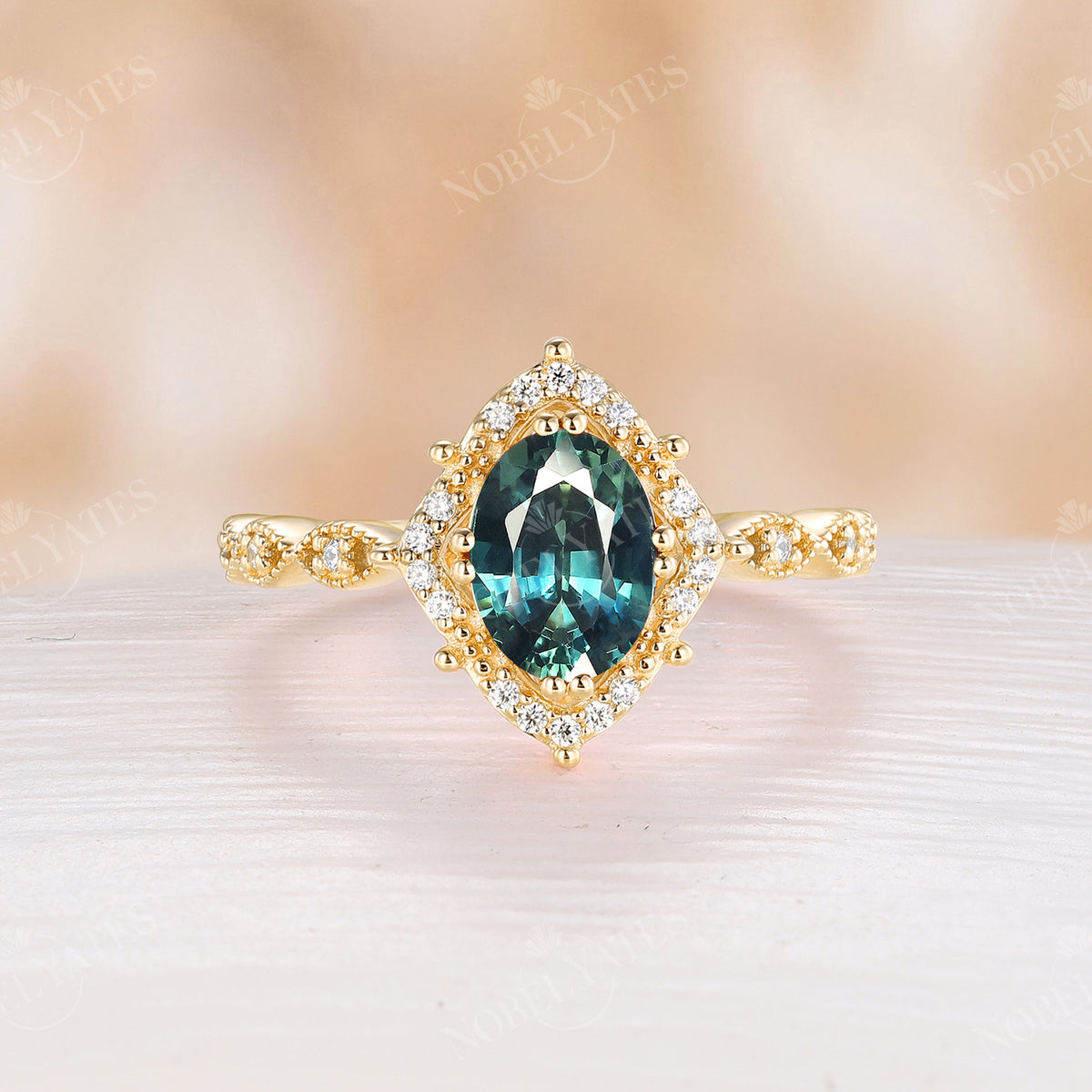 Vintage Teal Sapphire Engagement Ring Oval Milgrain White Gold