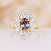Oval Lab Alexandrite Halo Engagement Ring Moissanite Rose Gold Pave Band