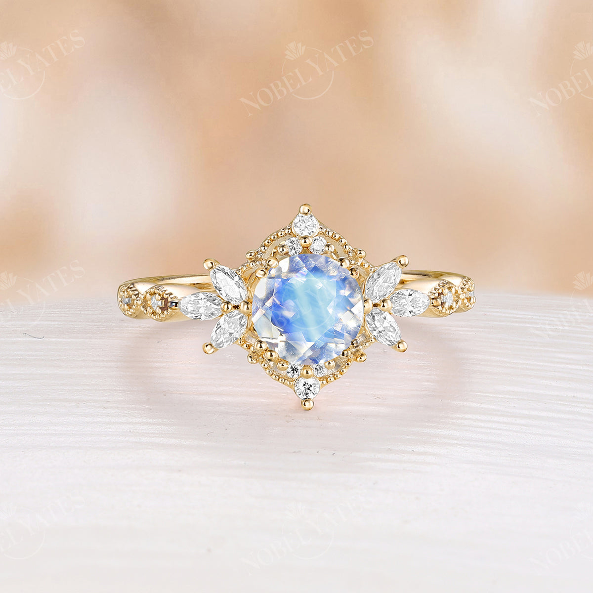 Blue Moonstone Vintage Milgrain Rose Gold Engagement Ring
