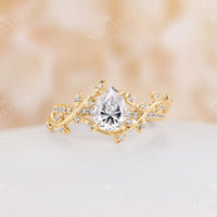 Nature Inspired Pear Moissanite Rose Gold Branch Leaf Engagement Ring