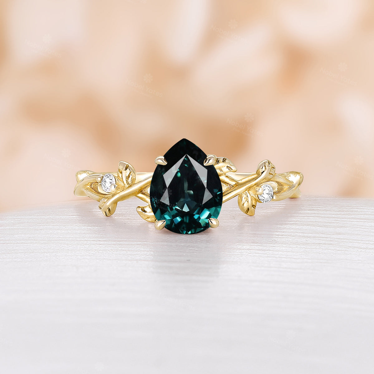 Pear Lab Emerald Leaf Design Diamond Engagement Ring Yellow Gold