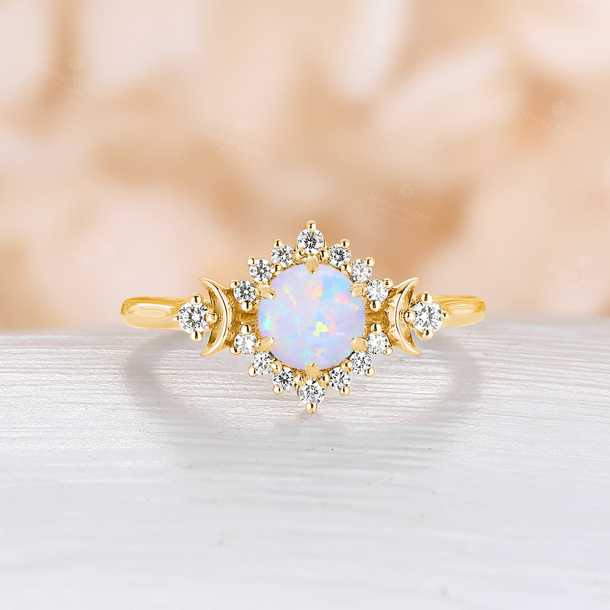 Celestial Moon White Opal Rose Gold Halo Engagement Ring