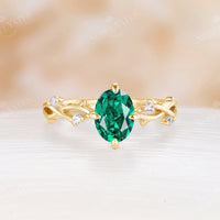 Nature Inspired Branch Band Oval Lab Emerlad Engagement Ring Yellow Gold