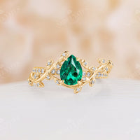 Nature Inspired Pear Lab Emerald Branch Leaf Engagement Ring Rose Gold