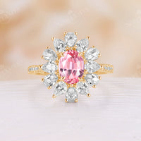 Oval Lab Grown Padparadscha Rose Cut Moissanite Halo Engagement Ring