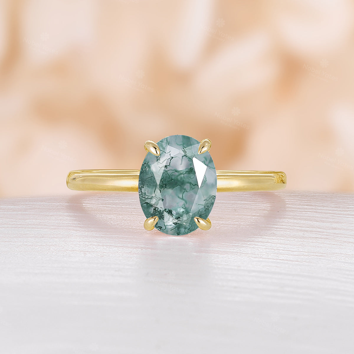 Oval Shape Solitaire Moss Agate Engagement Ring Prong Set Classic