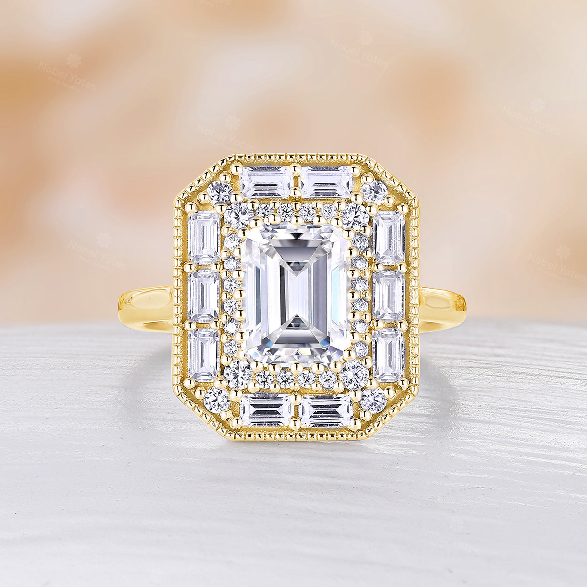 Art Deco Emerald Cut Engagement Baguette Halo Ring