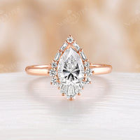 Pear Moissanite Engagement Ring Baguette Art deco Halo Rose Gold