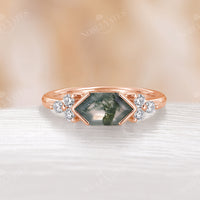 Hexagon Moss Agate Engagement Ring Cluster Side Stone