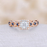 Princess Cut Moissanite & Sapphire Rose Gold Halo Engagement Ring