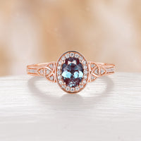 Oval Shape Lab Alexandrite Halo Celtic Knot Engagement Ring Rose Gold