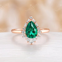 Baguette Art deco Halo Lab Emerald Engagement Ring Pear Cut