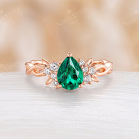 Pear Cut Moss Agate Leaf Moissanite Cluster Engagement Ring Twist