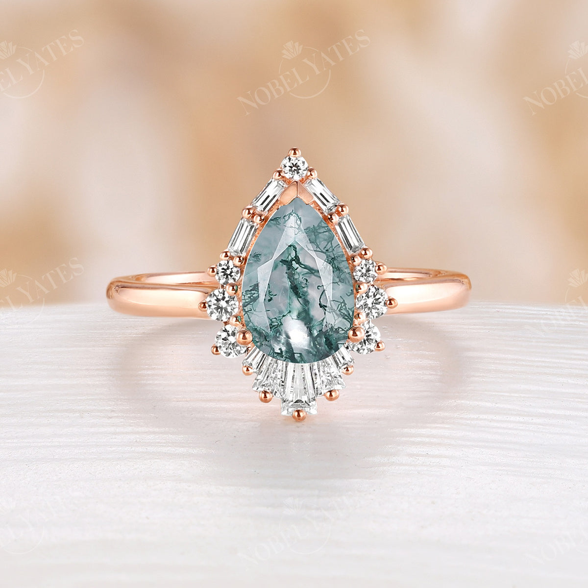 Pear Shape Moss Agate Engagement Ring Art deco Halo Rose Gold