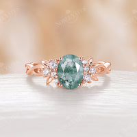 Oval Twist Moss Agate Rose Gold Engagement Ring Leaves Cluster