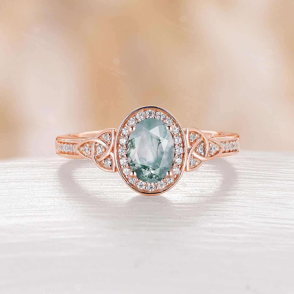 Oval Lab Emerald Moissanite Halo Engagement Ring Celtic Rose Gold