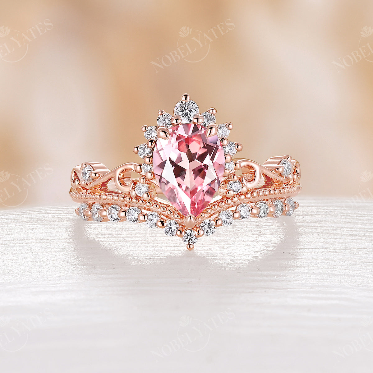 Pear Crown Moonstone Vintage Rose Gold Engagement Ring