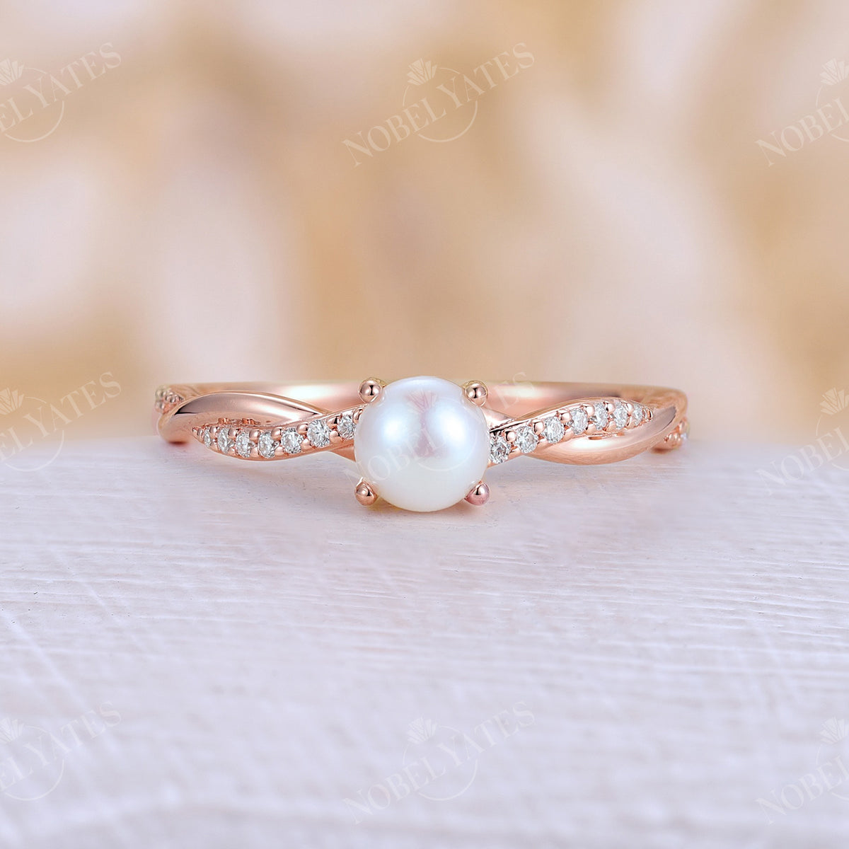 Akoya Pearl Vintage Twist & Pave Engagement Ring Rose Gold