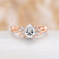 Nature Leaf Inspired Lab Emerald Pear Cut Engagement Ring Rose Gold