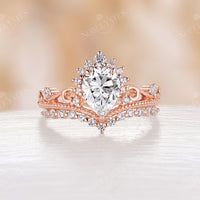 Pear Crown Moonstone Vintage Rose Gold Engagement Ring