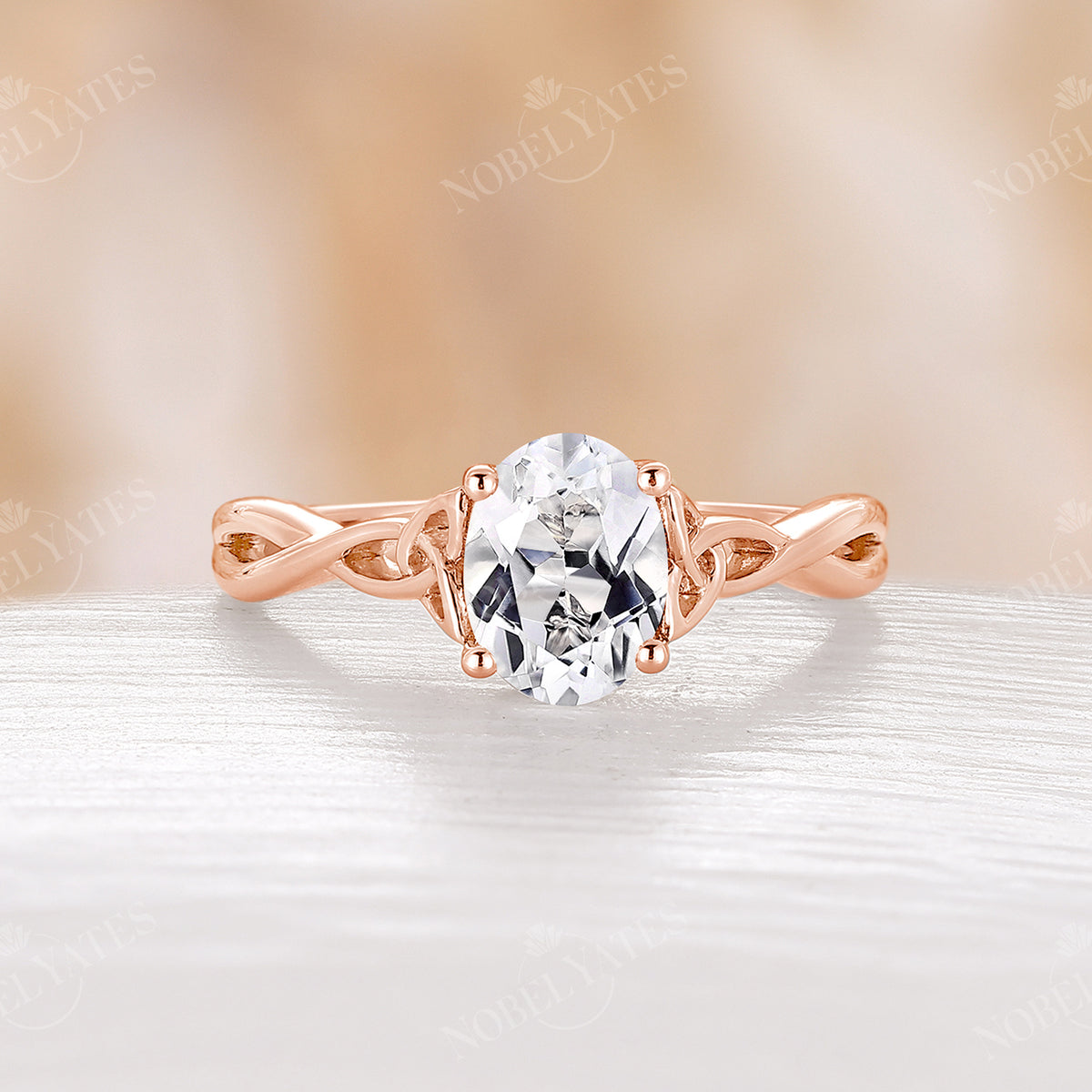 White Topaz Oval Solitaire Celtic Engagement Ring Rose Gold