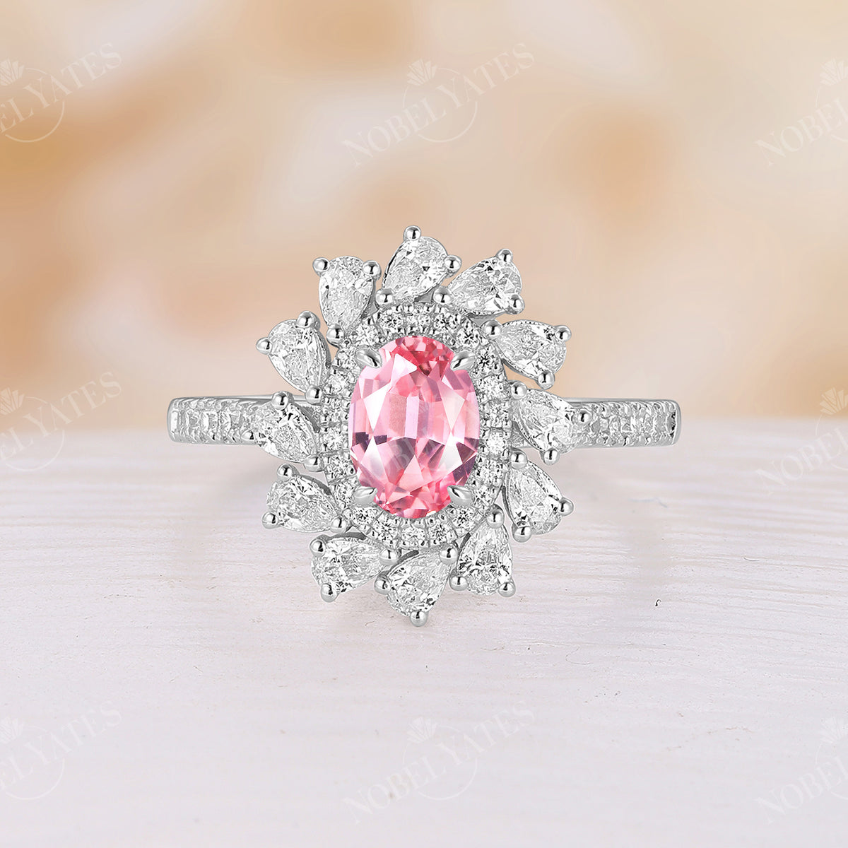Pink Padparadscha Oval Cut Moissanite Double Halo Engagement Ring