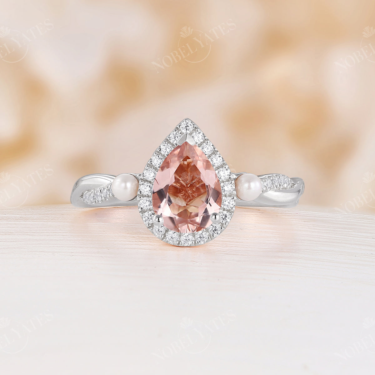 Orange Pink Morganite Halo Engagement Ring Pearl Twist Rose Gold