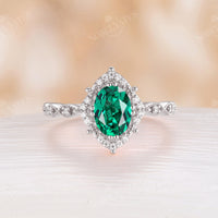 Milgrain Oval Cut Lab Emerald Engagement Ring Rose Gold Halo