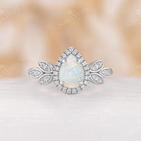 Vintage Pear White Opal Engagement Ring Halo Diamond Rose Gold