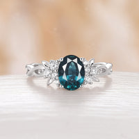 Nature Inspired Teal Sapphire Twist Rose Gold Engagement Ring Moissanite Cluster