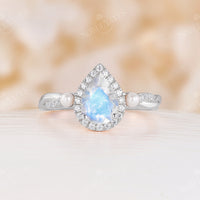 Pear Blue Moonstone Halo Engagement Ring Pearl Twist Rose Gold