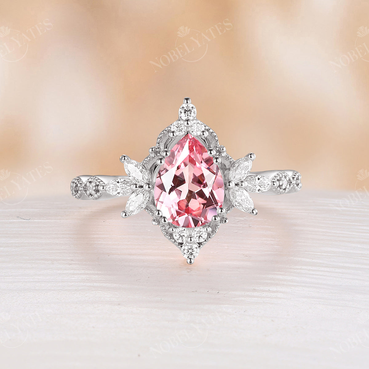 Lab Grown Padparadscha Pear Cut Engagement Ring Vintage Rose Gold