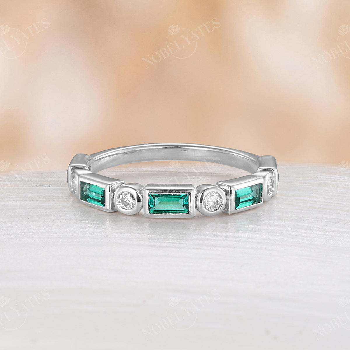 Bezel Set Lab Emerald Moissanite Straight Wedding Band Yellow Gold