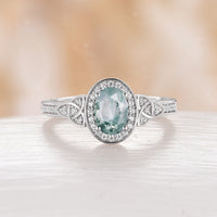 Oval Lab Emerald Moissanite Halo Engagement Ring Celtic Rose Gold