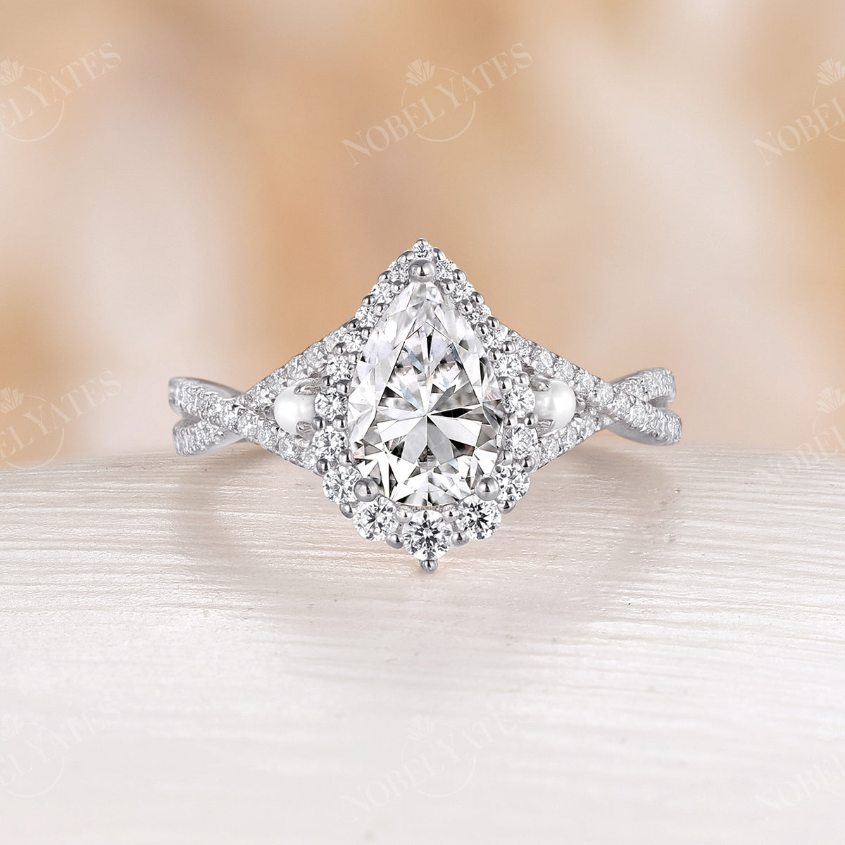 Pear Moissanite Engagement Ring Pave Twist Pearl Band