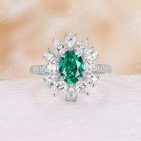 Oval Lab Emerald Rose Cut Moissanite Unique Halo Engagement Ring