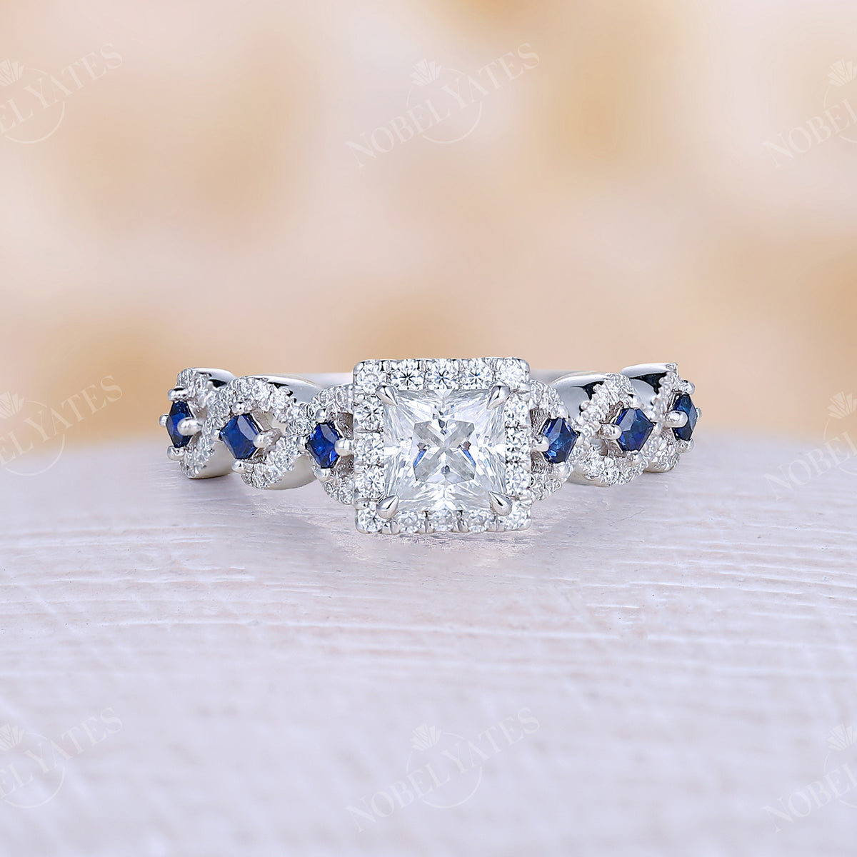 Princess Cut Moissanite & Sapphire Rose Gold Halo Engagement Ring