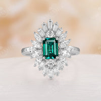 Art Deco Lab Emerald Engagement Ring Baguette Halo Rose Gold