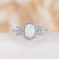 Nature inspired Oval Opal Halo Engagement Ring Rose Gold