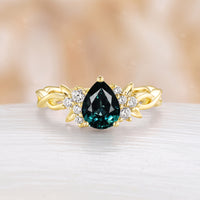 Nature Leaf Inspired Lab Emerald Pear Cut Engagement Ring Rose Gold