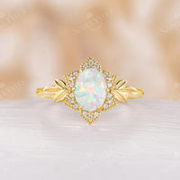 Floral Oval Opal Halo Engagement Ring Leaf Rose Gold