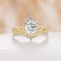 Crown Pear Moissanite Milgrain Matching Engagement Ring