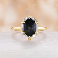 Art Deco Hexagon Rose Cut Black Onyx Claw Prong Set Engagement Ring