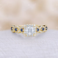 Princess Cut Moissanite & Sapphire Rose Gold Halo Engagement Ring