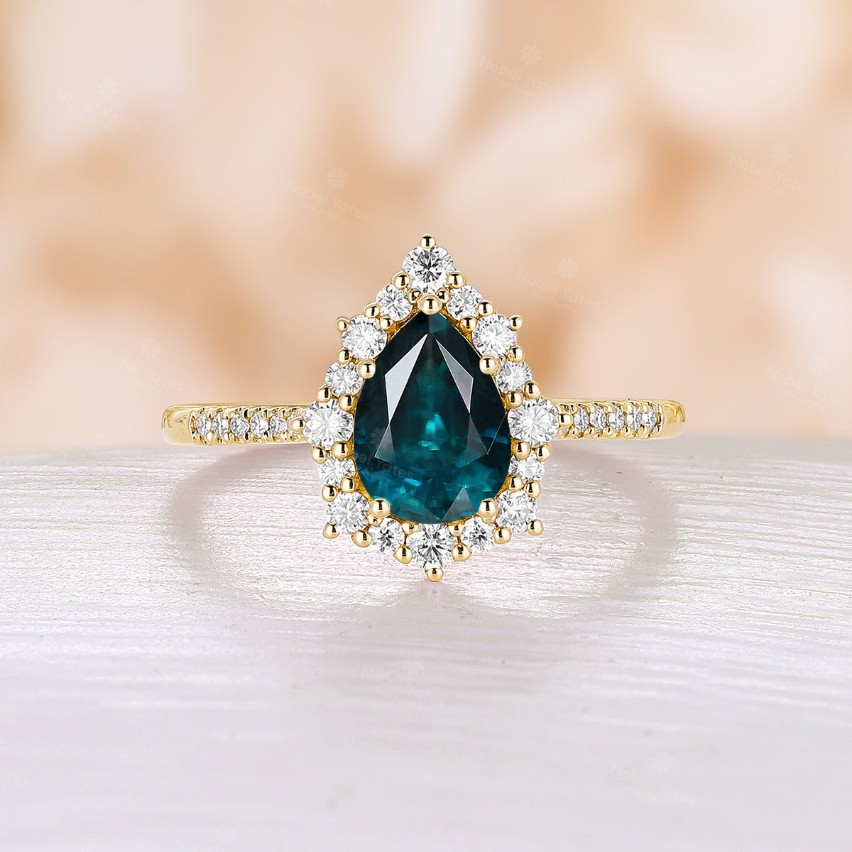 Vintage Pear shape Teal Sapphire Rose Gold Halo Engagement Ring