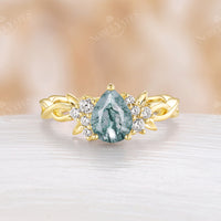 Nature Leaf Inspired Lab Emerald Pear Cut Engagement Ring Rose Gold